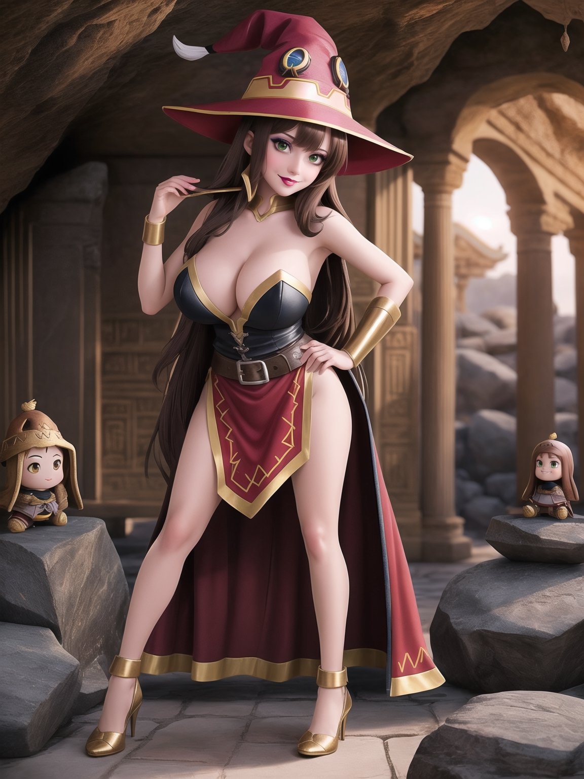 A woman, wearing sorceress costume with golden bands, all red costume, tight fitting costume, wearing witch hat, gigantic breasts, brown hair, hair with bangs in front of eyes, she is in an ancient temple in a cave, with large stone structures, altars, large figurines of ancient gods, pillars with Ancient Writings, UHD, best possible quality, ultra detailed, best possible resolution, ultra technological, futuristic, robotic, Unreal Engine 5, professional photography, she is, ((sensual pose with interaction and leaning on anything + object + on something + leaning against)), ((full body)), better_hands, More detail, ((Megumin-Konosuba))