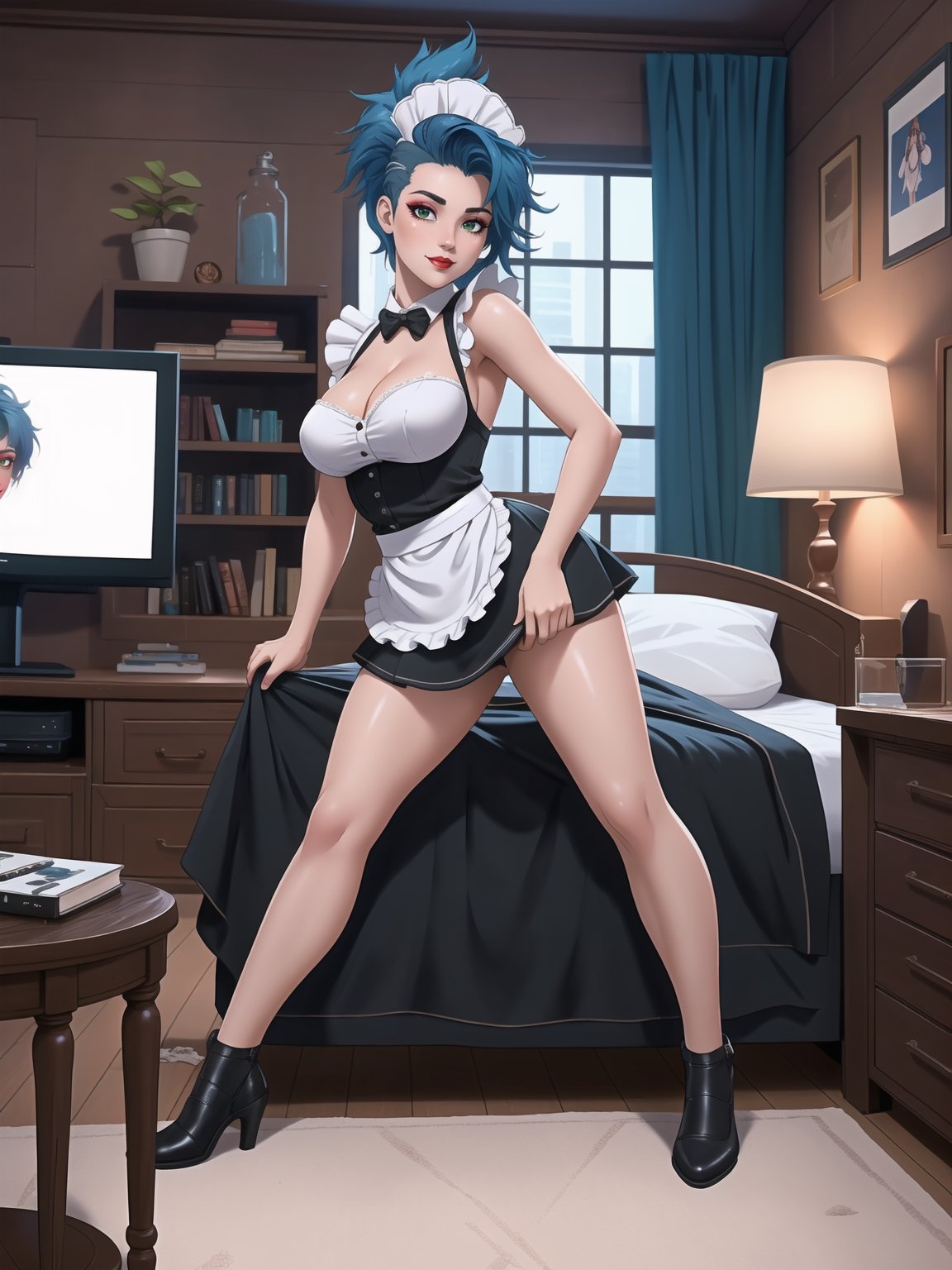 Solo woman, wearing maid's costume, all black with white parts, very short white skirt, gigantic breasts, mohawk hair, blue hair, messy hair, looking directly at the viewer, she is in a very large apartment, with furniture, computers, plasma TV, bed, glass table, chair, window, instant, 16k, UHD, best possible quality, ultra detailed,  best possible resolution, Unreal Engine 5, professional photography, she is, ((interaction and leaning on anything+object+on something+leaning against+sensual pose))+(full body:1.3), More detail, better_hands ,perfect