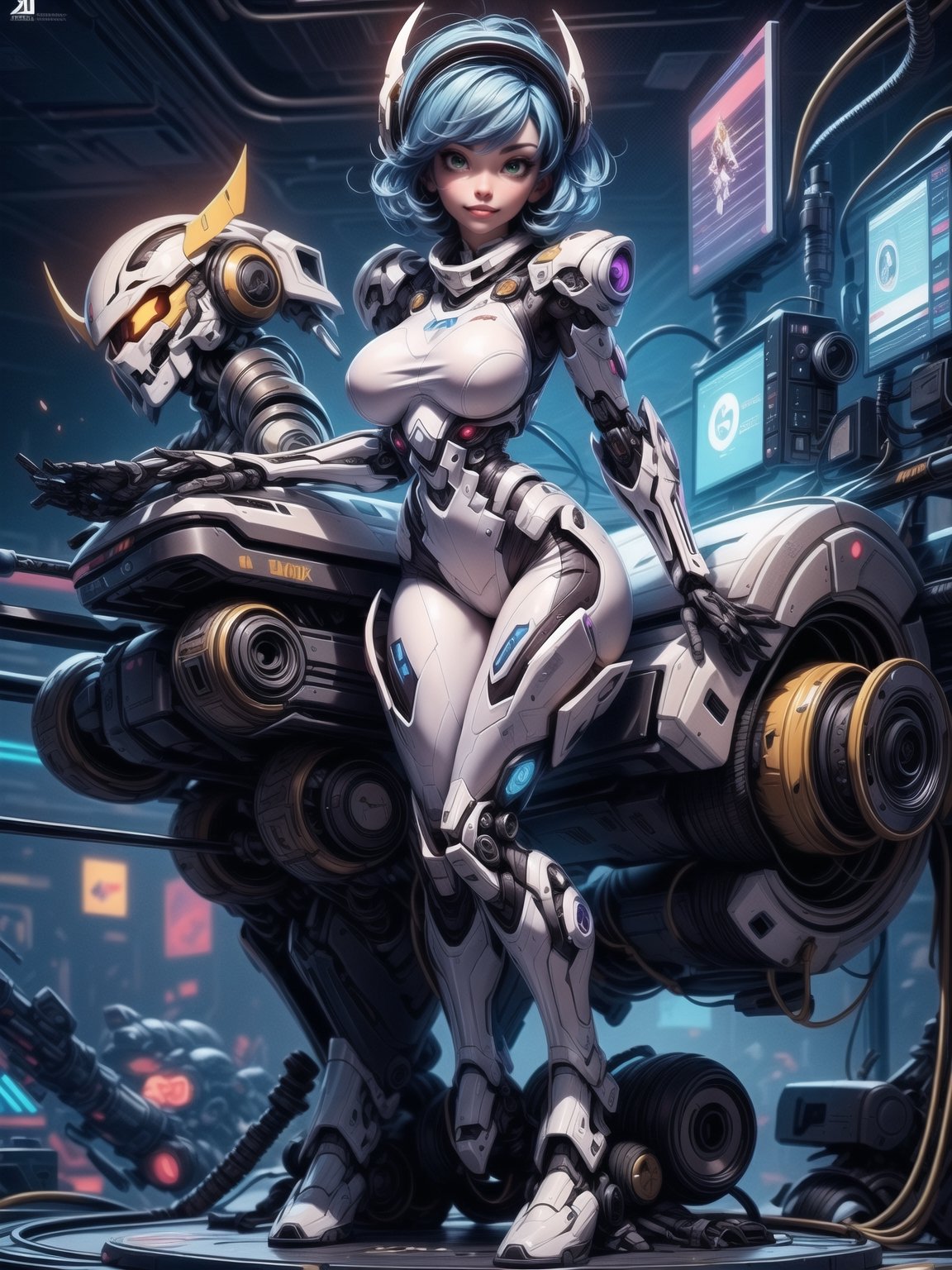 A woman, wearing ((all white mecha suit with blue parts, huge breasts, wearing helmet with colored visor):1), blue hair, hair with bangs in front of eyes, (looking at the viewer), (((sensual pose+Interacting+leaning on anything+object+leaning against))), in a laboratory with chair, machines, computers, window showing the city at night, 16K, UHD, ((full body)), unreal engine 5, quality max, max resolution, ultra-realistic, ultra-detailed, maximum sharpness, ((perfect_hands)), ((perfect_legs)), Goodhands-beta2, ((mecha, cyberpunk))