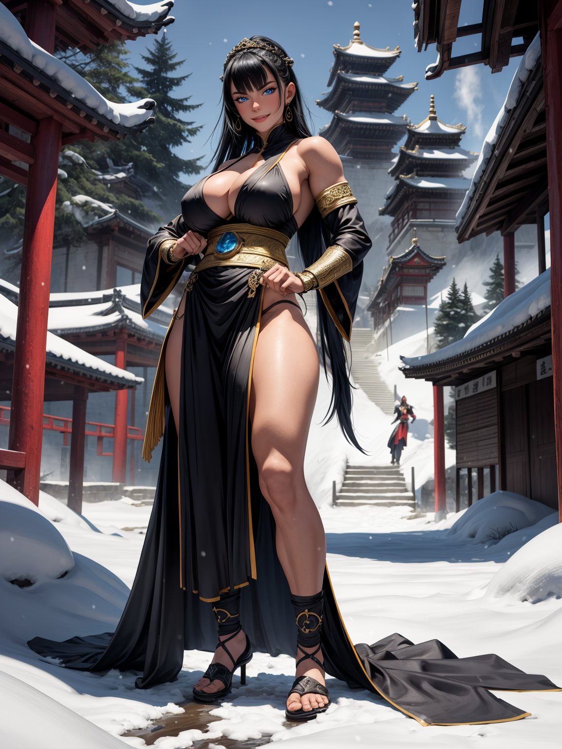A woman, wearing a black ninja costume with blue parts, monstrously gigantic breasts, black hair, hair with bangs in front of her eyes, hair with a tail of hair, looking at the viewer, (((erotic pose interacting and leaning [on something in the environment|on an object]))), in a very old shaolin temple with large altars, edra structures,  gold figurines, mountain background with lots of snow, is daytime snowing heavily, ((full body):1.5), 16k, UHD, best possible quality, ultra detailed, best possible resolution, Unreal Engine 5, professional photography, ((well-detailed fingers)), ((well-detailed hand)), ((perfect_hands)), ((mortal_kombat))