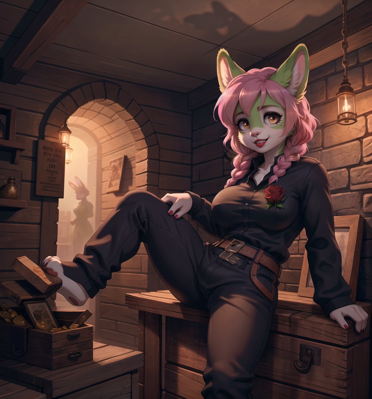 An adventure and exploration masterpiece, rendered in ultra-detailed 8K with vibrant, realistic details. | Rose, a young 23-year-old rabbit woman with ((green fur)), is dressed in a climbing outfit consisting of a long-sleeved shirt, sweatpants, mountain boots, gloves, belt with pockets, rope and a helmet. Her ((short pink hair)) is styled in a modern and stylish cut with tousled braids. ((She has golden eyes, looking at the viewer while smiling and showing her teeth, wearing red lipstick)). She is in a macabre, dark cave, with rock, wooden and metallic structures. The treasure chests and lamps on the walls add to the mysterious and spooky atmosphere of the place. The light from the lamps illuminates the room, creating ominous shadows on the walls. | The image highlights Rose's athletic figure and the architectural elements of the macabre cave. The rock, wooden and metal structures, along with the treasure chests and lamps on the walls, create a mysterious and frightening environment. The ominous shadows on the walls highlight the tension and fear in the scene. | Soft, shadowy lighting effects create a tense, fear-filled atmosphere, while rough, detailed textures on structures and clothing add realism to the image. | A terrifying scene of a young rabbit woman explorer in a macabre cave, exploring themes of adventure, exploration and fear. |  (((The image reveals a full-body shot as Rose assumes a sensual pose, engagingly leaning against a structure within the scene in an exciting manner. She takes on a sensual pose as she interacts, boldly leaning on a structure, leaning back and boldly throwing herself onto the structure, reclining back in an exhilarating way.))). | ((((full-body shot)))), ((perfect pose)), ((perfect arms):1.2), ((perfect limbs, perfect fingers, better hands, perfect hands, hands)), ((perfect legs, perfect feet):1.2), ((huge breasts)), ((perfect design)), ((perfect composition)), ((very detailed scene, very detailed background, perfect layout, correct imperfections)), Enhance, Ultra details++, More Detail, poakl