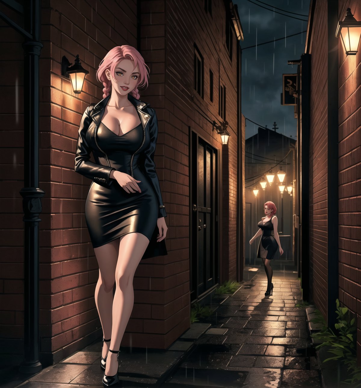 A masterpiece of noir style and drama, rendered in ultra-detailed 8K with realistic, vibrant details. | Rose, a young 23-year-old woman, is dressed in a prostitute outfit consisting of a short dress, high stockings, high-heeled shoes and a leather jacket. Her short pink hair is styled in a stylish modern cut with tousled braids. She has golden eyes, looking at the viewer while smiling and showing her teeth, wearing red lipstick. It is located in a dark alley at night during heavy rain. The brick structures, crates, lampposts, marble and wooden structures add to the dark and mysterious atmosphere of the place. The dim light from the streetlights illuminates the room, creating ominous shadows on the walls. | The image highlights Rose's seductive figure and the architectural elements of the dark alley. The brick structures, crates, lampposts, marble and wooden structures, along with the heavy rain, create a dark and mysterious atmosphere. The ominous shadows on the walls highlight the tension and fear in the scene. | Soft, shadowy lighting effects create a tense, fear-filled atmosphere, while rough, detailed textures on structures and clothing add realism to the image. | A terrifying scene of a young prostitute woman in a dark alley at night, exploring themes of noir, drama and fear. | (((The image reveals a full-body shot as Rose assumes a sensual pose, engagingly leaning against a structure within the scene in an exciting manner. She takes on a sensual pose as she interacts, boldly leaning on a structure, leaning back and boldly throwing herself onto the structure, reclining back in an exhilarating way.))). | ((((full-body shot)))), ((perfect pose)), ((perfect arms):1.2), ((perfect limbs, perfect fingers, better hands, perfect hands, hands)), ((perfect legs, perfect feet):1.2), ((huge breasts)), ((perfect design)), ((perfect composition)), ((very detailed scene, very detailed background, perfect layout, correct imperfections)), Enhance, Ultra details++, More Detail, poakl