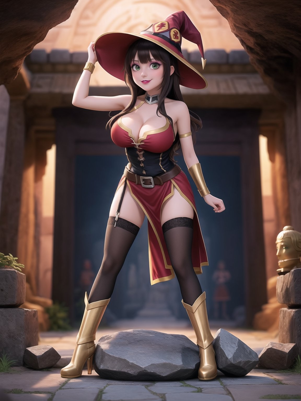 A woman, wearing sorceress costume with golden bands, all red costume, tight fitting costume, wearing witch hat, gigantic breasts, brown hair, hair with bangs in front of eyes, she is in an ancient temple in a cave, with large stone structures, altars, large figurines of ancient gods, pillars with Ancient Writings, UHD, best possible quality, ultra detailed, best possible resolution, ultra technological, futuristic, robotic, Unreal Engine 5, professional photography, she is, ((sensual pose with interaction and leaning on anything + object + on something + leaning against)), ((full body)), better_hands, More detail, ((Megumin-Konosuba))