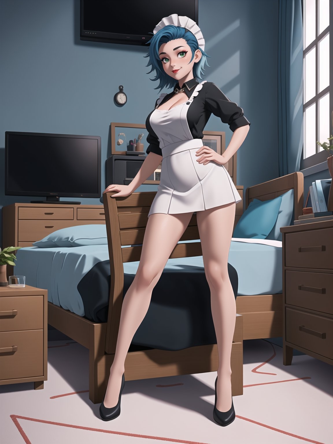 Solo woman, wearing maid's costume, all black with white parts, very short white skirt, gigantic breasts, mohawk hair, blue hair, messy hair, looking directly at the viewer, she is in a very large apartment, with furniture, computers, plasma TV, bed, glass table, chair, window, instant, 16k, UHD, best possible quality, ultra detailed,  best possible resolution, Unreal Engine 5, professional photography, she is, ((interaction and leaning on anything+object+on something+leaning against+sensual pose))+(full body:1.4), More detail, better_hands ,perfect