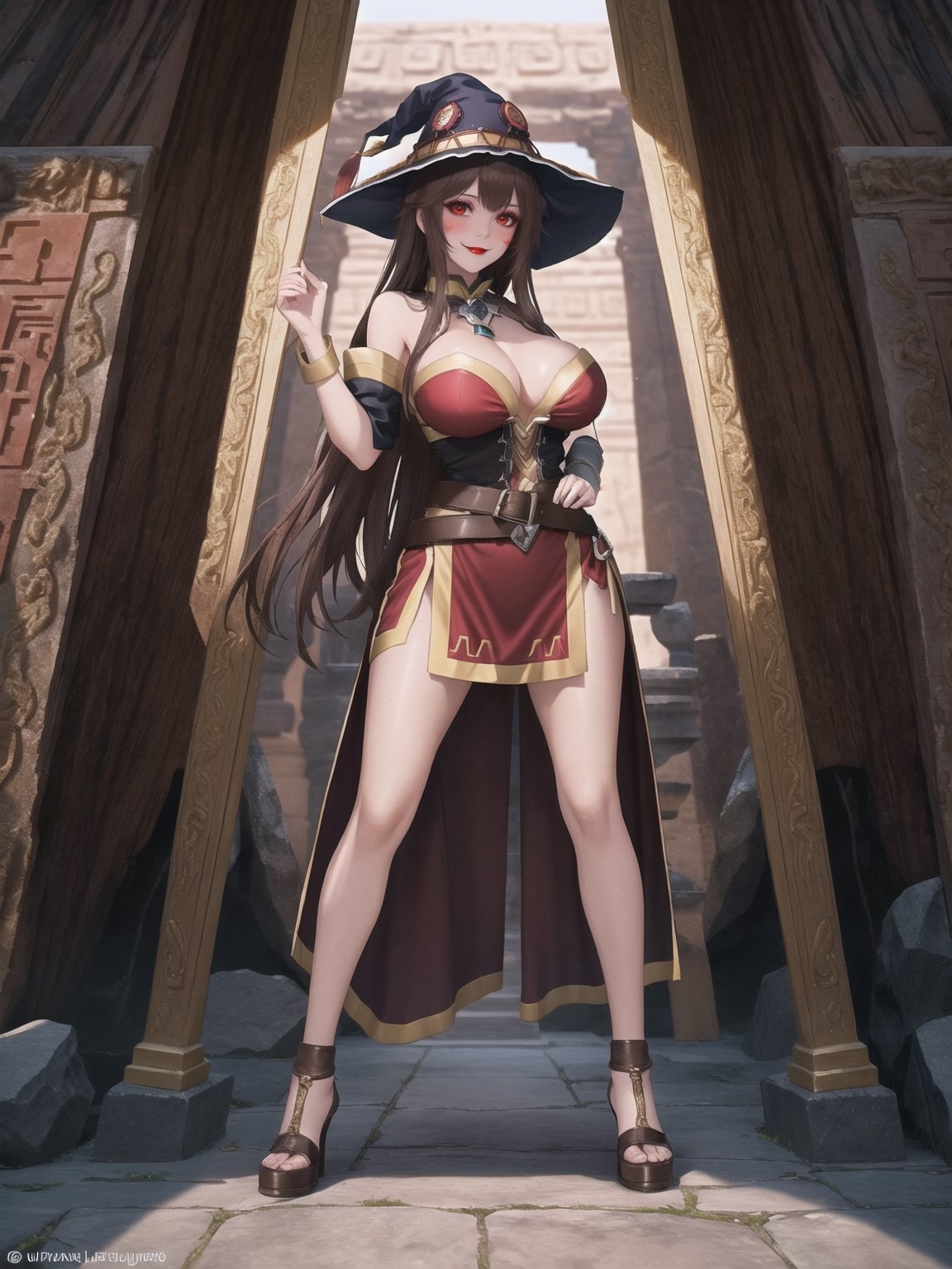 A woman, wearing sorceress costume with golden bands, all red costume, tight fitting costume, wearing witch hat, gigantic breasts, brown hair, hair with bangs in front of eyes, she is in an ancient temple in a cave, with large stone structures, altars, large figurines of ancient gods, pillars with Ancient Writings, UHD, best possible quality, ultra detailed, best possible resolution, ultra technological, futuristic, robotic, Unreal Engine 5, professional photography, she is, ((sensual pose with interaction and leaning on anything + object + on something + leaning against)), ((full body)), better_hands, More detail, ((Megumin - Konosuba))