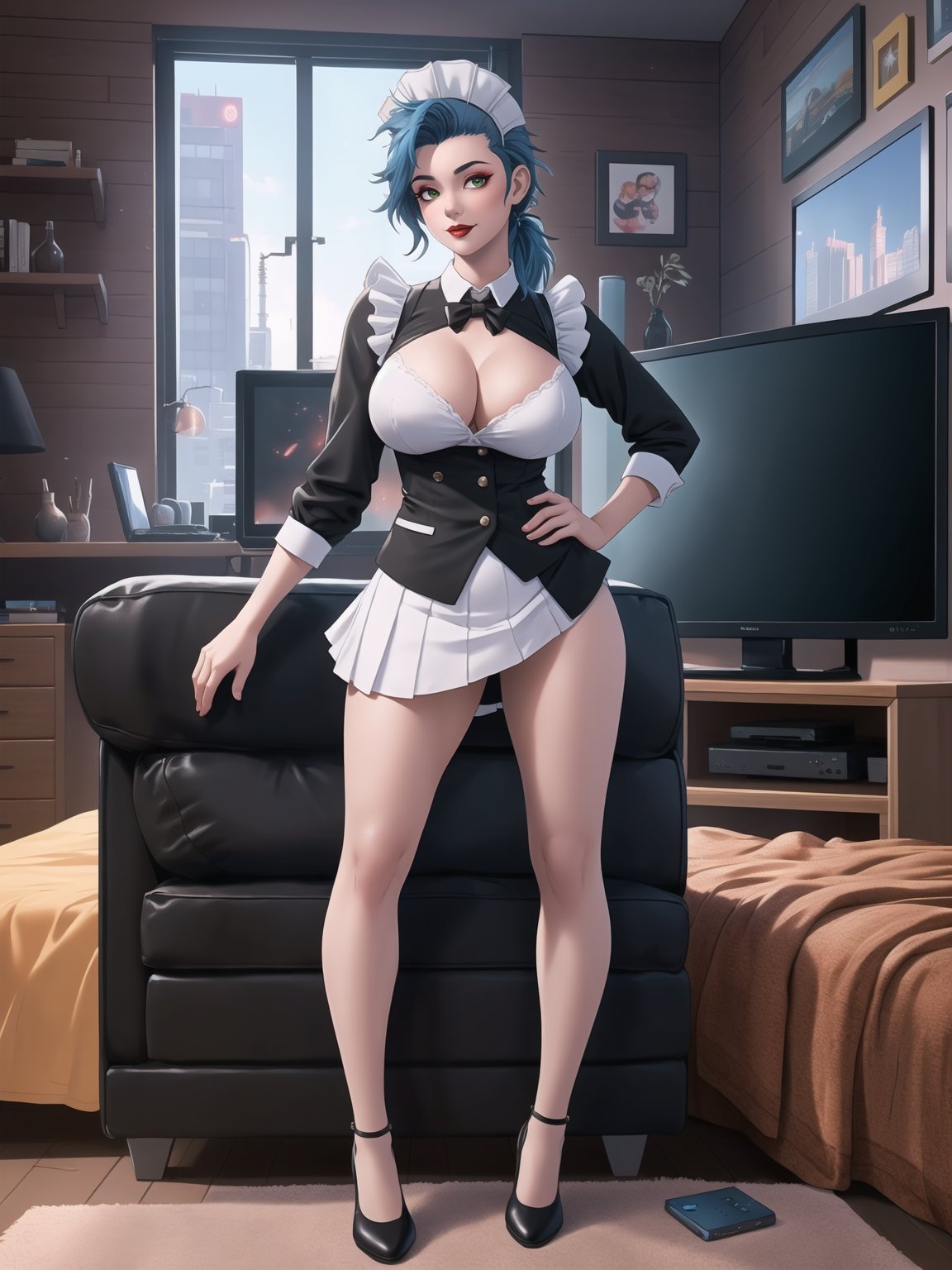 Solo woman, wearing maid's costume, all black with white parts, very short white skirt, gigantic breasts, mohawk hair, blue hair, messy hair, looking directly at the viewer, she is in a very large apartment, with furniture, computers, plasma TV, bed, glass table, chair, window, instant, 16k, UHD, best possible quality, ultra detailed,  best possible resolution, Unreal Engine 5, professional photography, she is, ((interaction and leaning on anything+object+on something+leaning against+sensual pose))+(full body:1.3), More detail, better_hands ,perfect