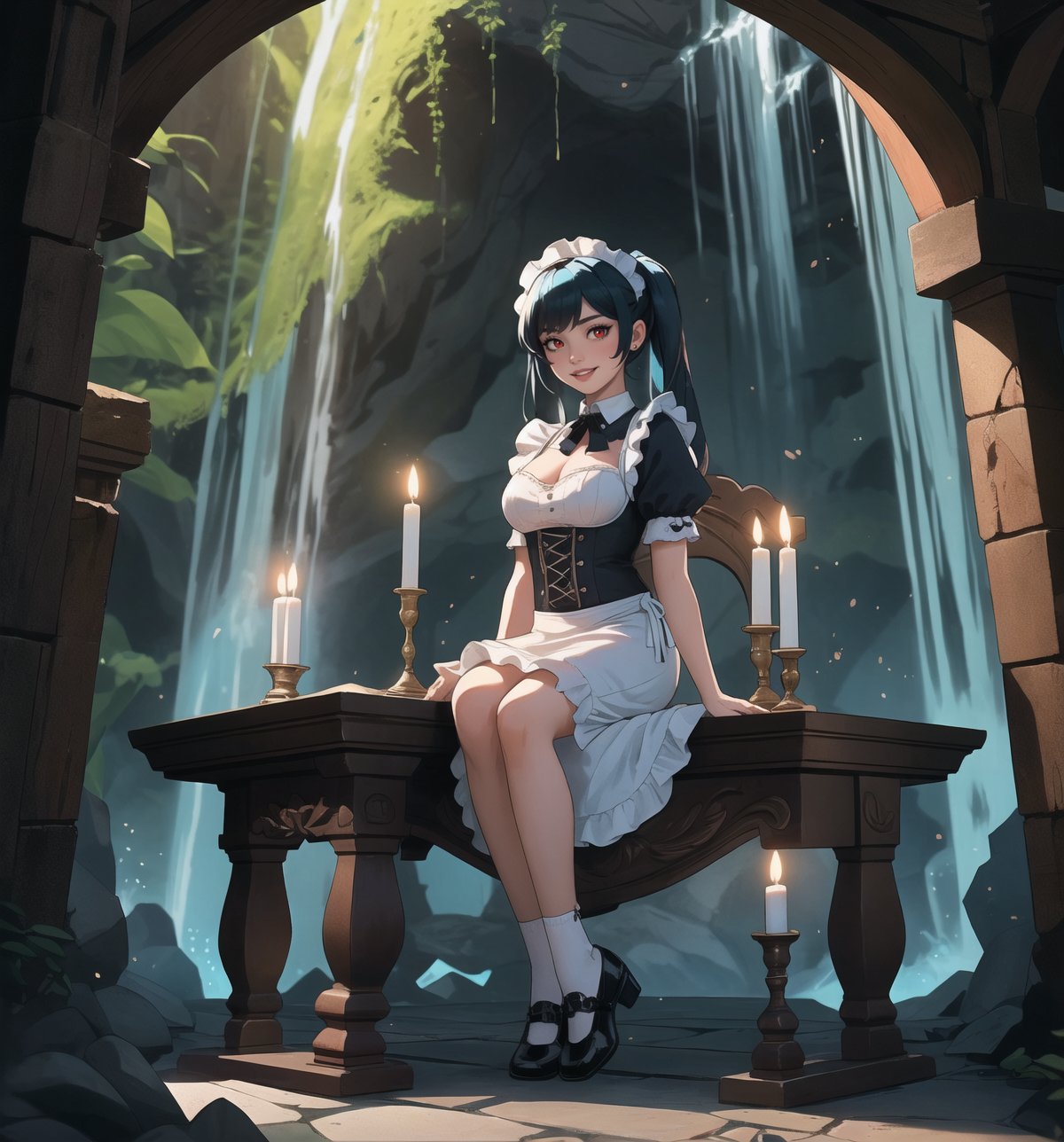 An ultra-detailed 16K masterpiece with macabre styles fused with fantastical elements, rendered in ultra-high resolution with realistic details. | A 33-year-old woman, dressed as a maid, wearing a simple blue uniform, white apron, black shoes and white socks. She has long blue hair, divided into two pigtails, and red eyes, looking at the viewer with a seductive and mysterious expression, smiling and showing her teeth. It is located in a macabre cave, with damp stone walls, stalactites and stalagmites, and a waterfall of dirty water falling to the floor. The cave has an altar made of wood and wooden architecture scattered throughout the environment. The dim light of a few candles illuminates the gloomy environment, creating dramatic shadows and highlighting the details of the scene. | The image highlights the woman's sensual figure and the cave's architectural elements. The rock and wooden structures, along with the woman, the altar, the pillars and the macabre sculptures, create a frightening and seductive environment. Thunder in the night sky illuminates the scene, creating dramatic shadows and highlighting the details of the scene. | Soft, shadowy lighting effects create a tense, desire-filled atmosphere, while rough, detailed textures on structures and costumes add realism to the image. | A sensual and terrifying scene of a woman dressed as a maid in a macabre cave, fusing elements of macabre art and fantasy. | ((((The image reveals a full-body image of the character as she assumes a sensual pose. She enticingly leans, throws herself, and supports herself against a structure within the scene in an exciting manner. While leaning back, she takes on a sensual pose, boldly throwing herself onto the structure and reclining back in an exhilarating way.)))). | ((((full-body image)))), ((perfect pose)), ((perfect fingers, better hands, perfect hands)), ((perfect legs, perfect feet)), ((huge breasts)), ((perfect design)), ((perfect composition)), ((very detailed scene, very detailed background, perfect layout, correct imperfections)), More Detail, Enhance