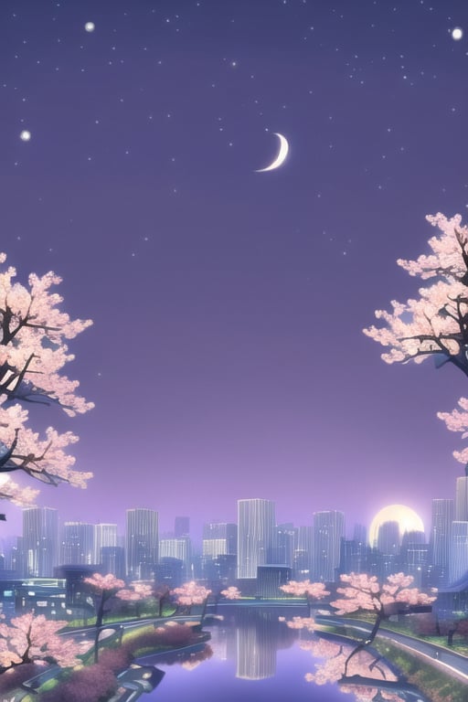 Night, Stars, city, lights, landscape, sky, high_resolution, distant city, River, moon, fate/stay background, Perspective, sakura_trees