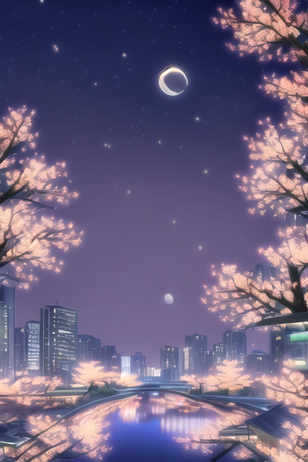 Night, Stars, city, lights, landscape, sky, high_resolution, distant city, River, moon, fate/stay background, Perspective, sakura_trees