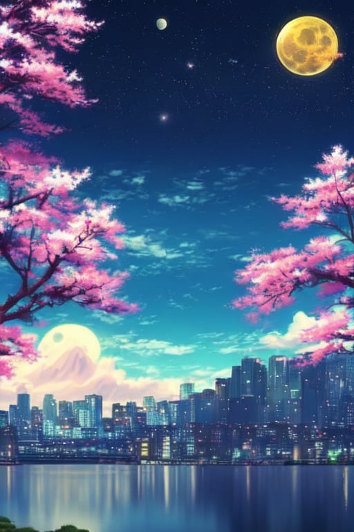 Night, Stars, city, lights, landscape, sky, high_resolution, distant city, Lake, moon,fate/stay background, Perspective, Some_sakura_trees