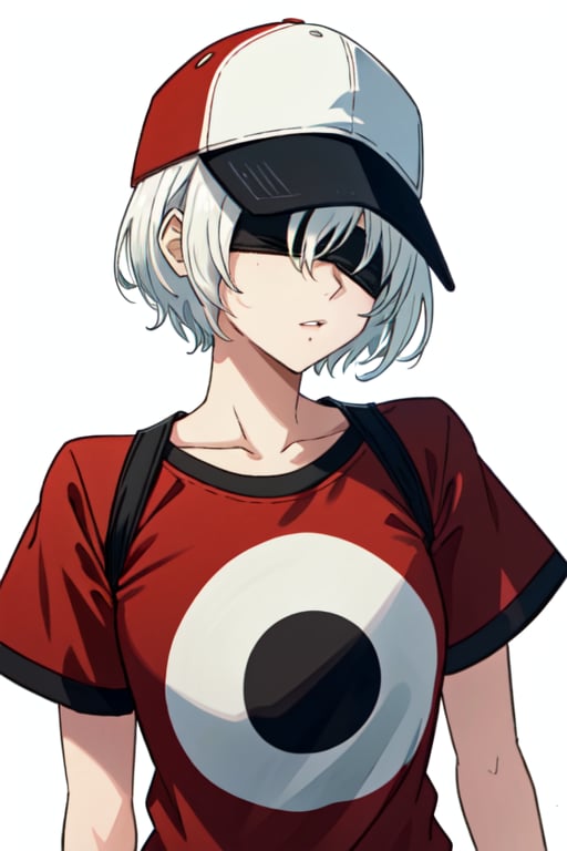 yorha no. 2 type b, 1girl, black blindfold, white hair, no blindfold, baseball cap, simple background, red shirt, upper body, (masterpiece), short hair, mole under mouth,   parted lips