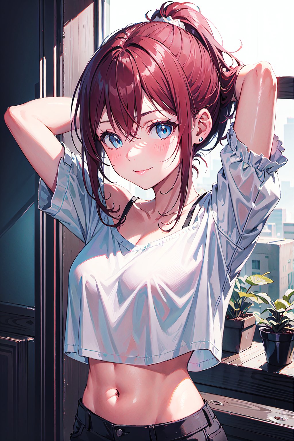 1girl, red hair, blue eyes, ponytail, white shirt, crop top, off shoulder, arms_up arms behind head, looking_at_viewer, smile, blush