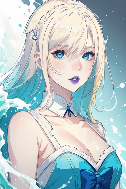 ((masterpiece, best quality)), 1girl sigma, pale skin, white skin, gradient hair, blue lips, blonde hair, blue eyes, white dress