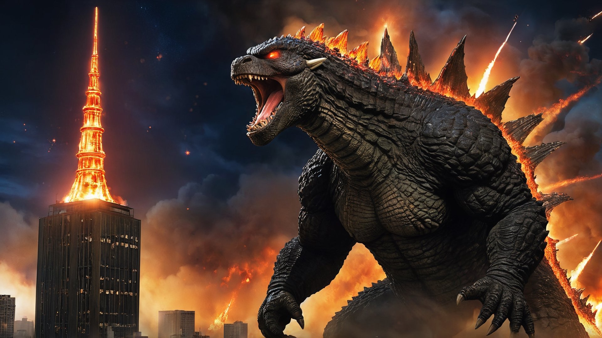 The 300-meter-tall Godzilla destroyed the city, roared with his mouth open, his dorsal fin glowed, and (he grabbed the iron tower as a weapon). Night sky, countless twinkling stars and shooting stars, collapsed buildings, broken cities, flames, burning, real photos, high details