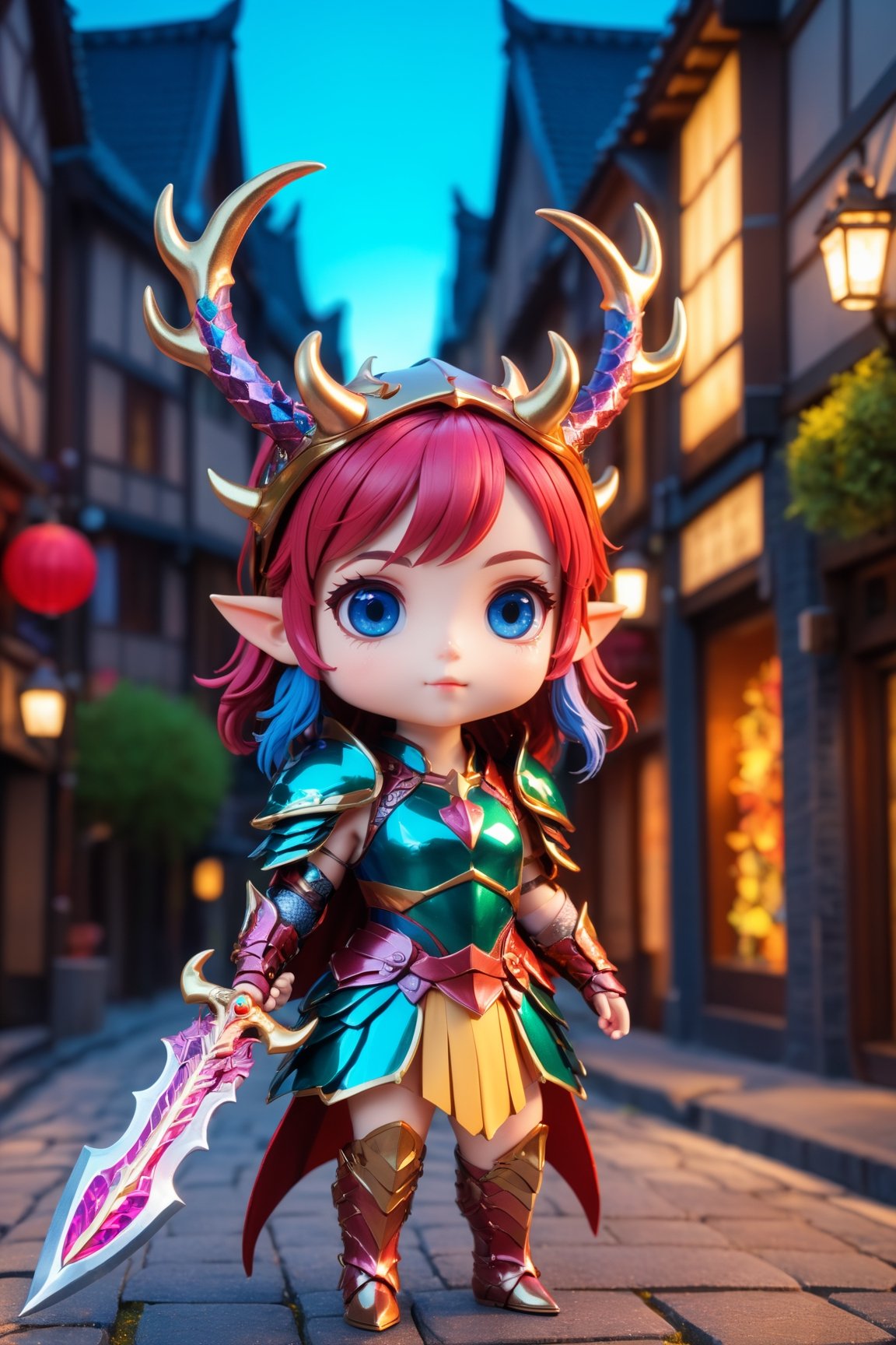 (delicate, masterpiece, colourful, finely detailed, intricate details:1.4),
1girl, mini antlers, dragonscale armor, city, holding polearm, 
ray_tracing, reflection_light,modelshoot style,sdxl,chibi emote style