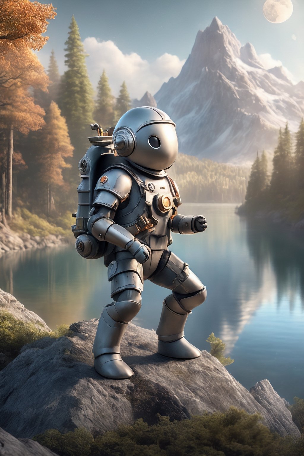 (masterpiece, best quality, ultra high res, photorealistic, realistic photo, extremely delicate, sharp focus:1.2),
(moonster, solo, full body, broken armor, exposed breast:1.3), (jetpack, thrusters:1.4)
holding weapon, light particles, outdoor, mountains, detailed Forest with Trees, lake, beautiful detailed water surface, colorful, sunlight, light, fantasy, whimsical