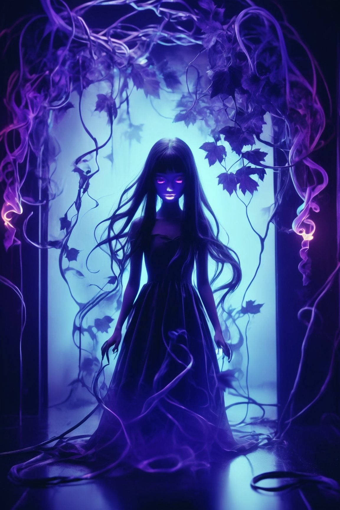 The girl is a translucent phantom made of smoke.
silver neon light, delicate face, long hair, heterochromia, reflection light, alley, twisted and bent grape vine, glitch art,
,donmcr33pyn1ghtm4r3xl  