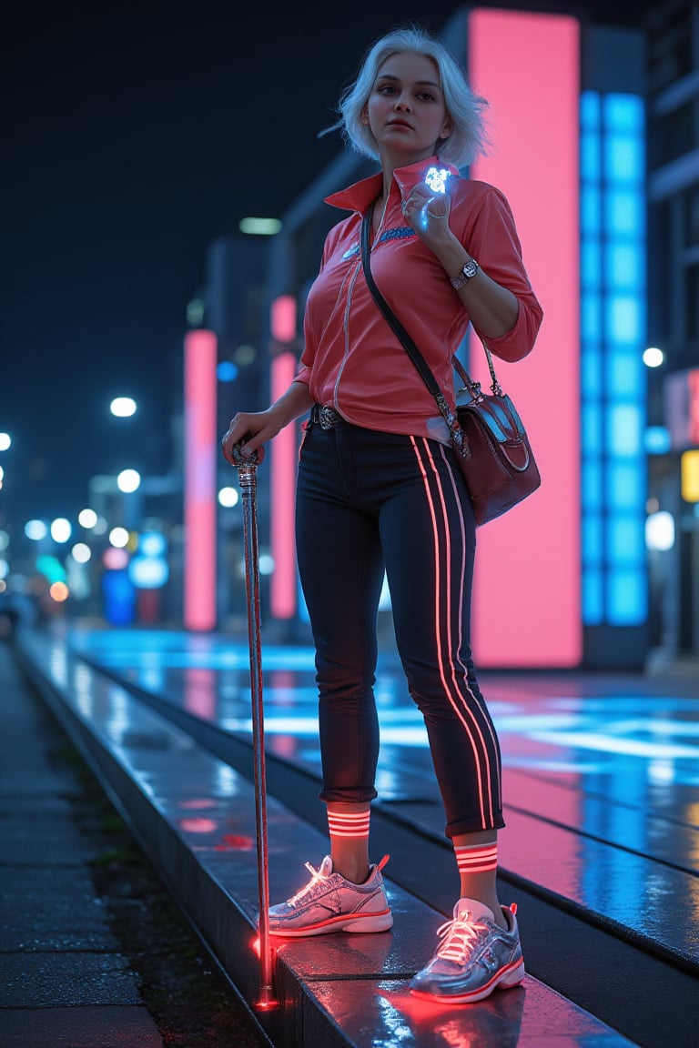 SHIU IRISHA woman of 55 Her shoes are a marvel of design, with gravity inverters built into them to allow for short flights, and her hair is styled in a practical but fashionable style with neon stripes that match the bright energy of the world around her. In one hand she holds a cane topped with a holographic projector that casts an ethereal glow around her. Her other hand is raised in a gesture of defiance, or perhaps welcome, as she gazes into the distance with eyes that have seen the evolution of society in this hyperpunk reality.