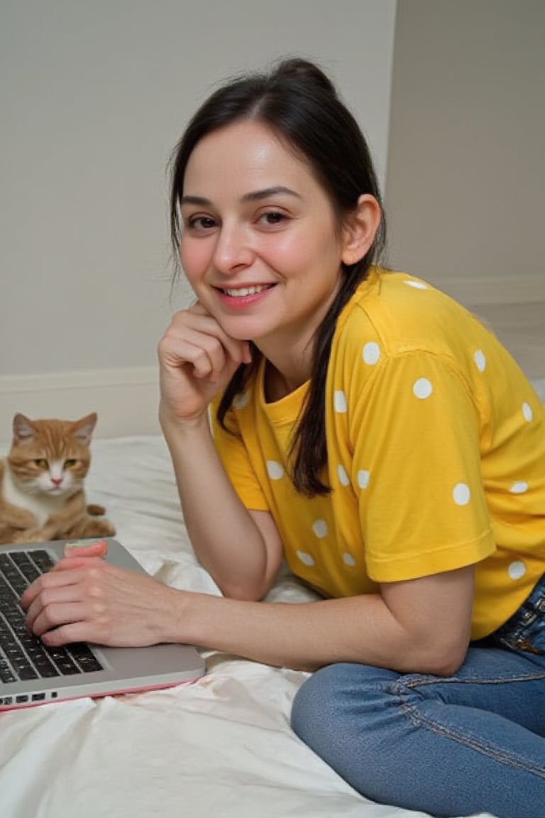 SHIU IRISHAmiddle-aged woman of 63 Russian woman Russian Picture a relaxing atmosphere of working from home. In the center is a woman with long black hair gathered in a bun. She is lying on her stomach on the floor, wearing a bright yellow t-shirt with white polka dots and blue jeans. In front of her is an open laptop with a bright, interactive interface. Next to her is a cute cat that is comfortably nestled on the floor. The woman smiles happily, immersed in work or creative process. In the background - neutral color, creating a cozy and light atmosphere.