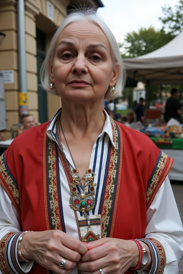 Rain, SHIU, female 63 years old Russia Woman 63 years old in the national costume of gypsies, necklaces, rings, bracelets, against the background of the marketplace