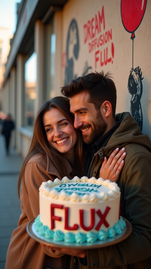 A close-up shot of a man hugging a woman, both smiling warmly. The man holds a cake with the text FLUX written in bold, colorful letters. The scene is softly lit with a warm, golden glow, highlighting their expressions and the cake. The composition centers on the couple, with the cake prominently displayed between them. The background is blurred, focusing attention on the emotional connection and the celebratory cake.,“Photo of a wall in the city. On the wall  we see detailed graffiti with a girl holing a red balloon in the style of Banksy, the graffiti text reads "DREAM DIFFUSION FLUX".”