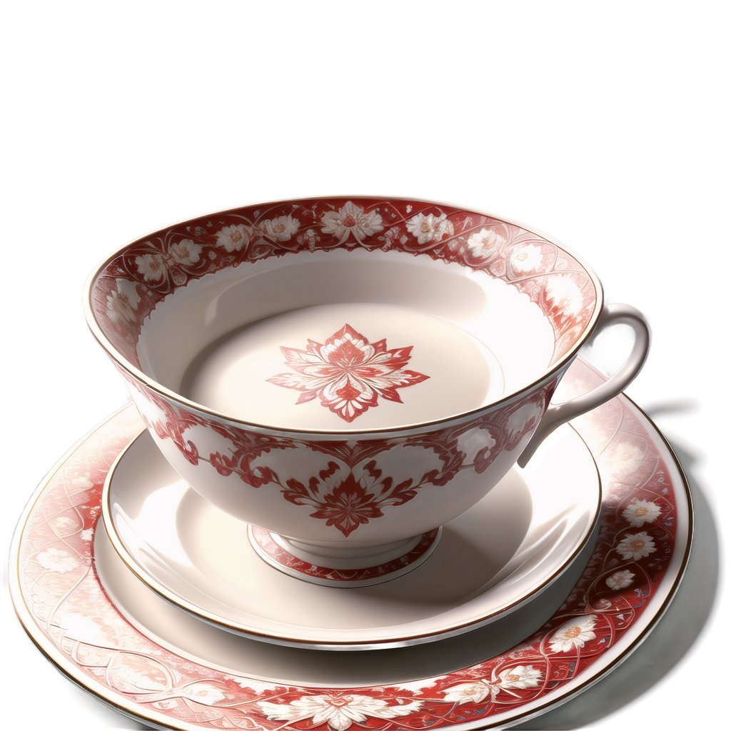 at the window on the table, covered with red tablecloth - porcelain cup, on the plate a thin white napkin