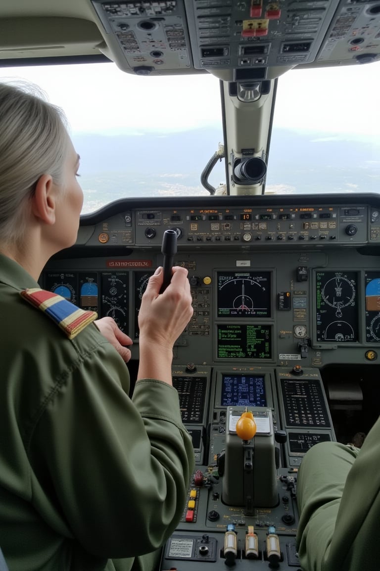 Rain, SHIU, female 63 years old Russia Woman 63 years old a pilot in a Russian military uniform piloting a Russian airplane in the cockpit of an airplane flying a fighter jet