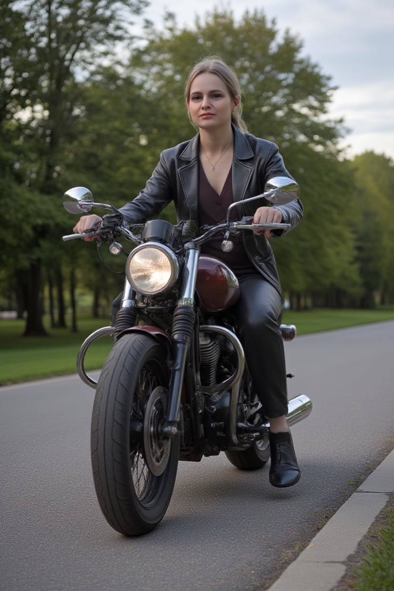 Woman on motorcycle, realistic