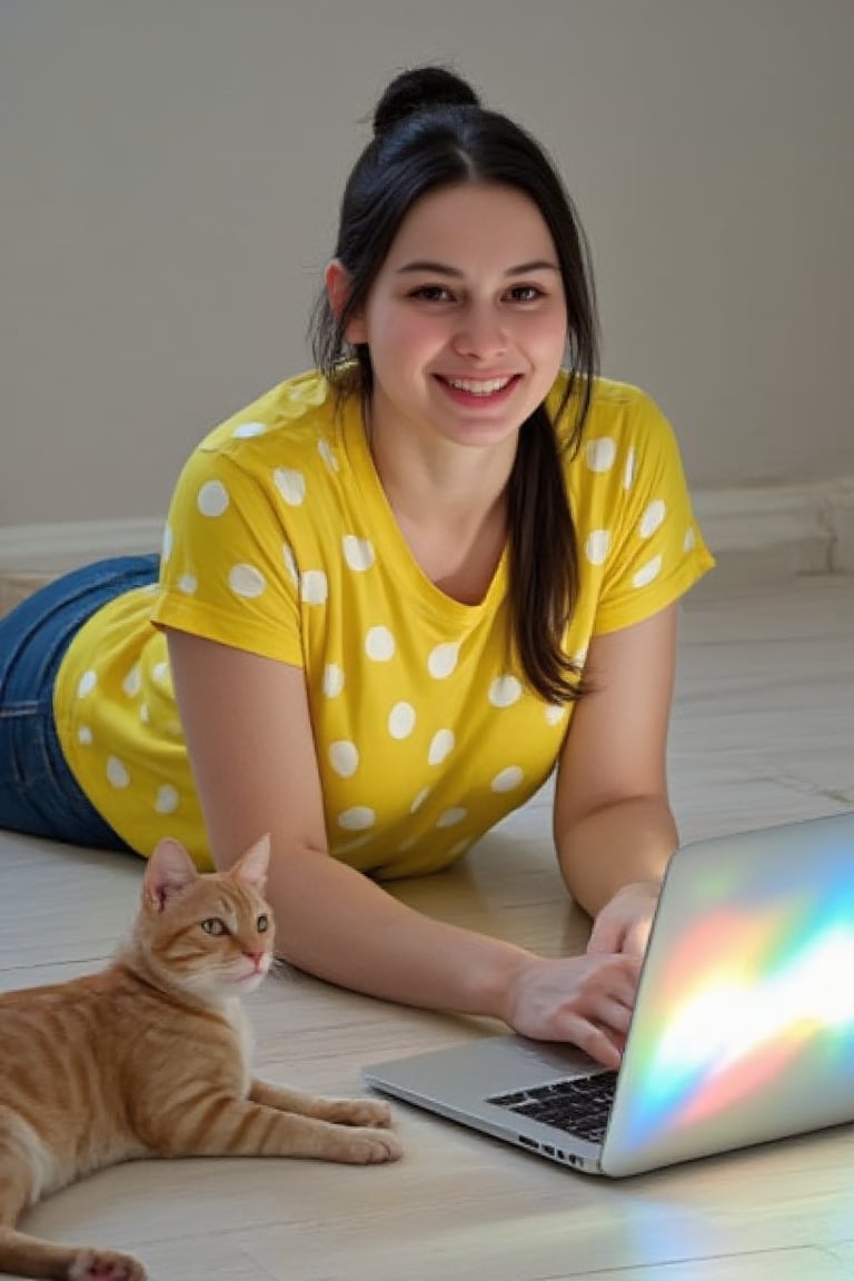 SHIU IRISHAmiddle-aged woman of 63 Russian woman Russian Picture a relaxing atmosphere of working from home. In the center is a woman with long black hair gathered in a bun. She is lying on her stomach on the floor, wearing a bright yellow t-shirt with white polka dots and blue jeans. In front of her is an open laptop with a bright, interactive interface. Next to her is a cute cat that is comfortably nestled on the floor. The woman smiles happily, immersed in work or creative process. In the background - neutral color, creating a cozy and light atmosphere.