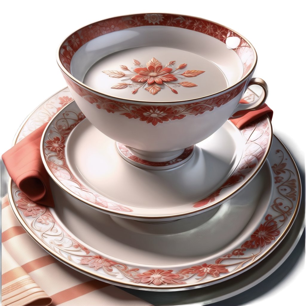 at the window on the table, covered with red tablecloth - porcelain cup, on the plate a thin white napkin