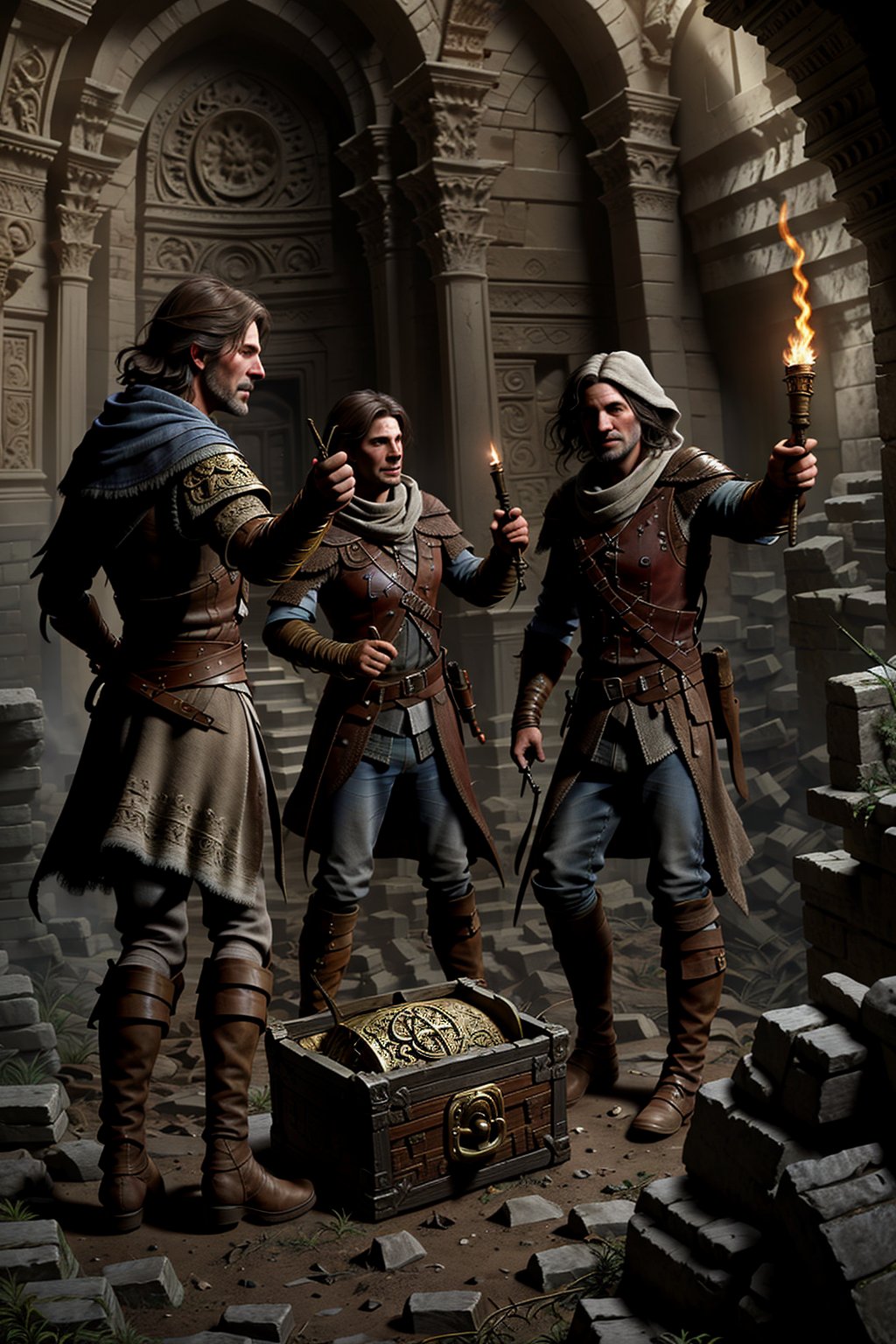 A group of adventurers, dressed in rugged, medieval attire, explore ancient ruins. They hold torches, illuminating the crumbling stone walls and intricate carvings. The adventurers are in a dynamic pose, one pointing towards a hidden doorway, another examining a dusty map. The scene is set in a dimly lit, dusty chamber with scattered debris and a sense of mystery. The treasure chest is partially visible, half-buried in the rubble.