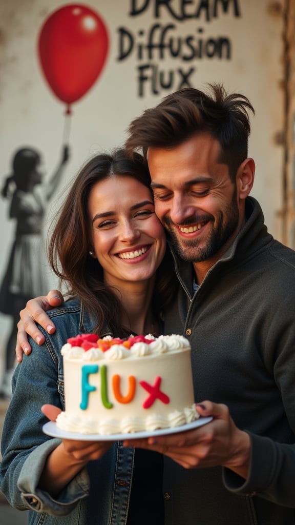 A close-up shot of a man hugging a woman, both smiling warmly. The man holds a cake with the text FLUX written in bold, colorful letters. The scene is softly lit with a warm, golden glow, highlighting their expressions and the cake. The composition centers on the couple, with the cake prominently displayed between them. The background is blurred, focusing attention on the emotional connection and the celebratory cake.,“Photo of a wall in the city. On the wall  we see detailed graffiti with a girl holing a red balloon in the style of Banksy, the graffiti text reads "DREAM DIFFUSION FLUX".”