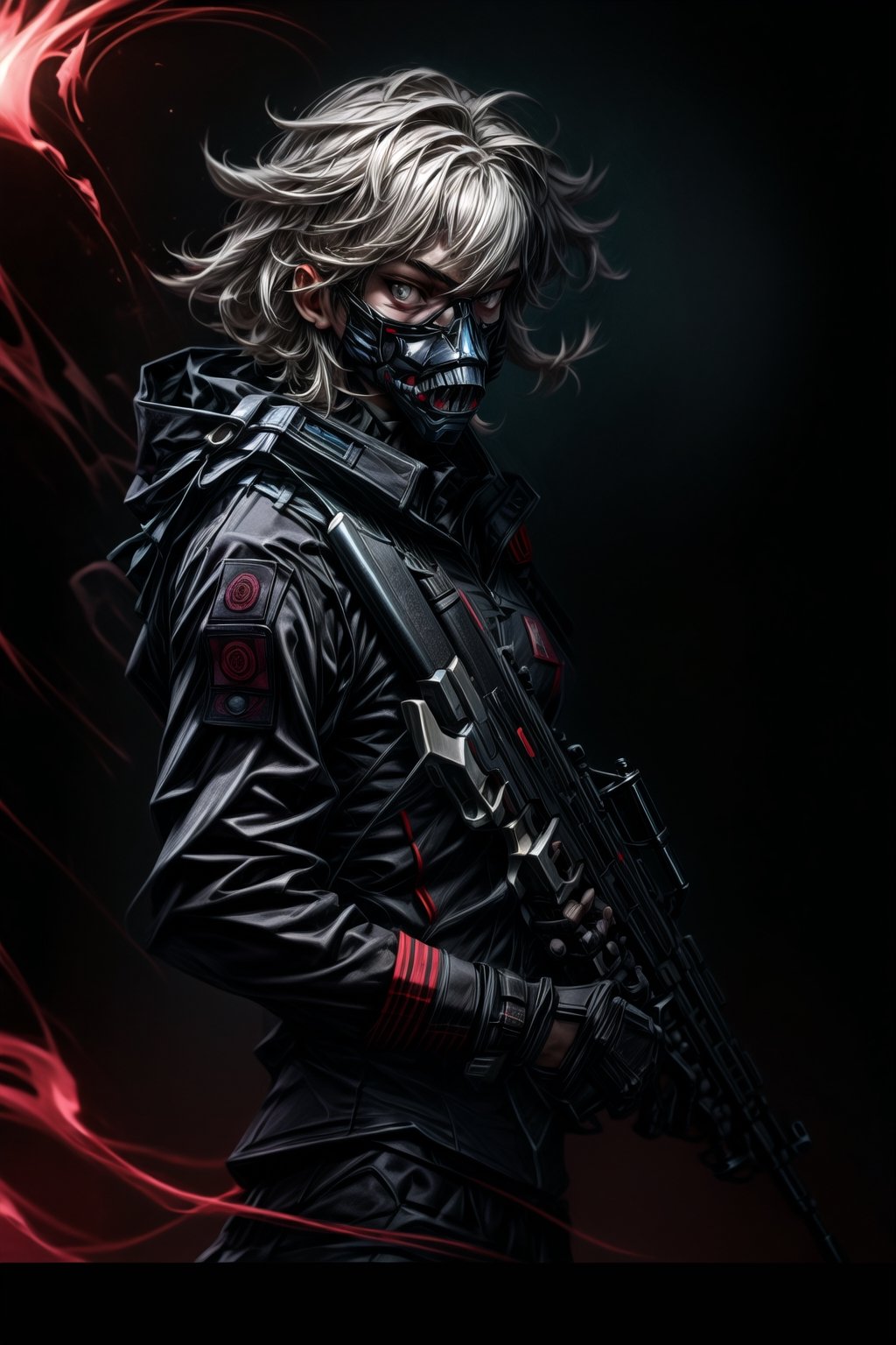 A soldier from the special forces unit, special equipment, a mask with a jaw, black uniform, negative aura, m4 machine gun, ultra-detail, ultra-graphics, 16k, HD