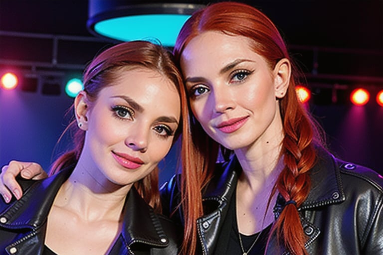 Photograph, dancing in night club, big green eyes, braided red hair, cheek bones, no make up, black leather jacket, looking over shoulder, dreamy smile