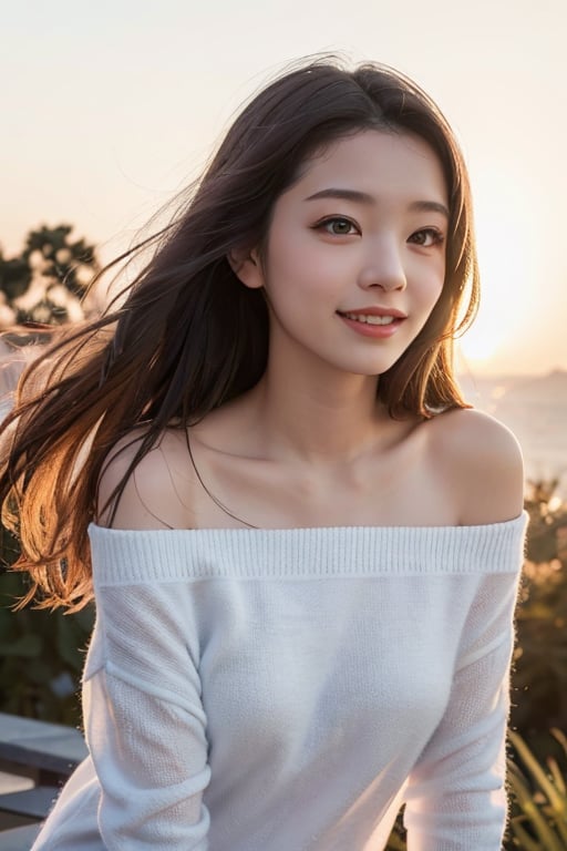 masterpiece, best quality, movie still, 1 cute girl, cloud girl, floating in the sky, close-up, bright, happy, warm soft lighting, sunset, (sparks:0.7),open off shoulder Oversized sheer shirt,