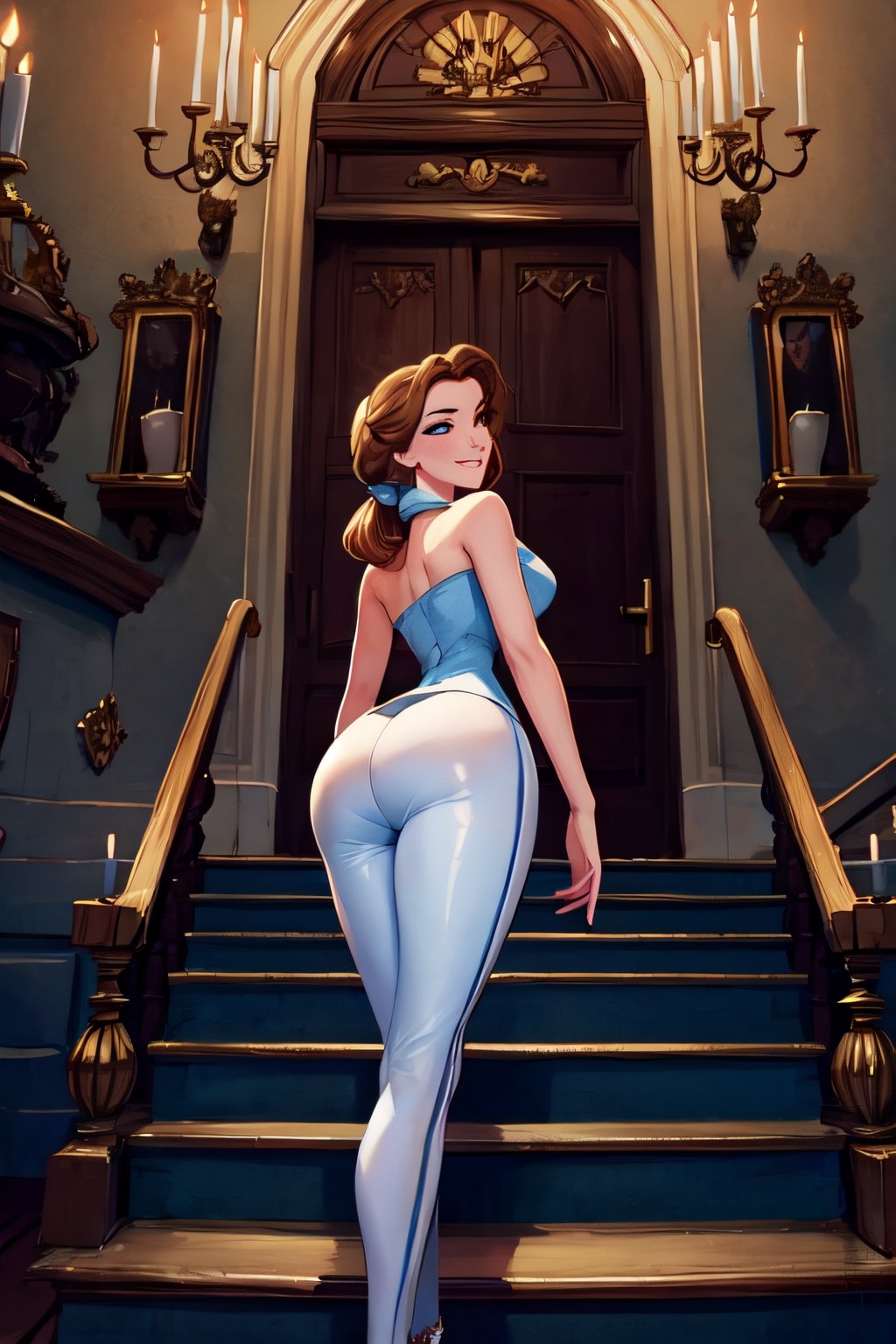 belle, facial portrait, sexy stare, smirked, inside pretty castle, candlelights, big stairs, butt shot 