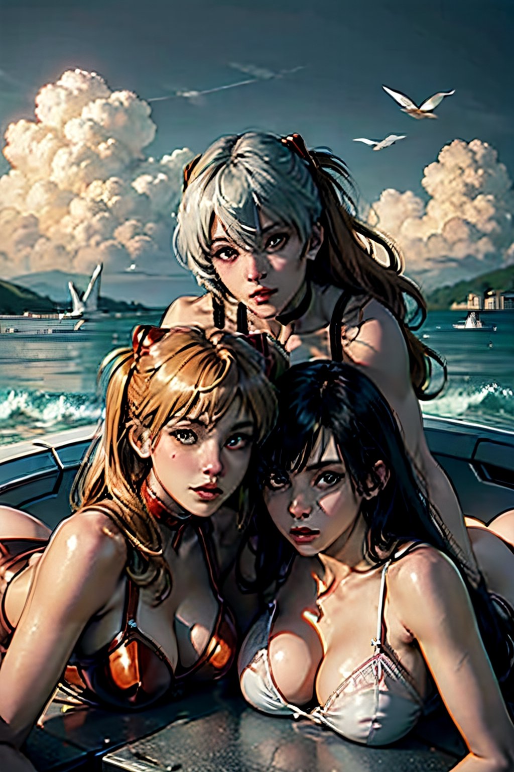 Asuka Langley, Rei Ayanami, Mari Makinami, together, next to each other, facial portraits, staring sexy at the camera, sexy pose, on top of robot, near shoreline, birds flying, cloudy sky,  ,Detailedface