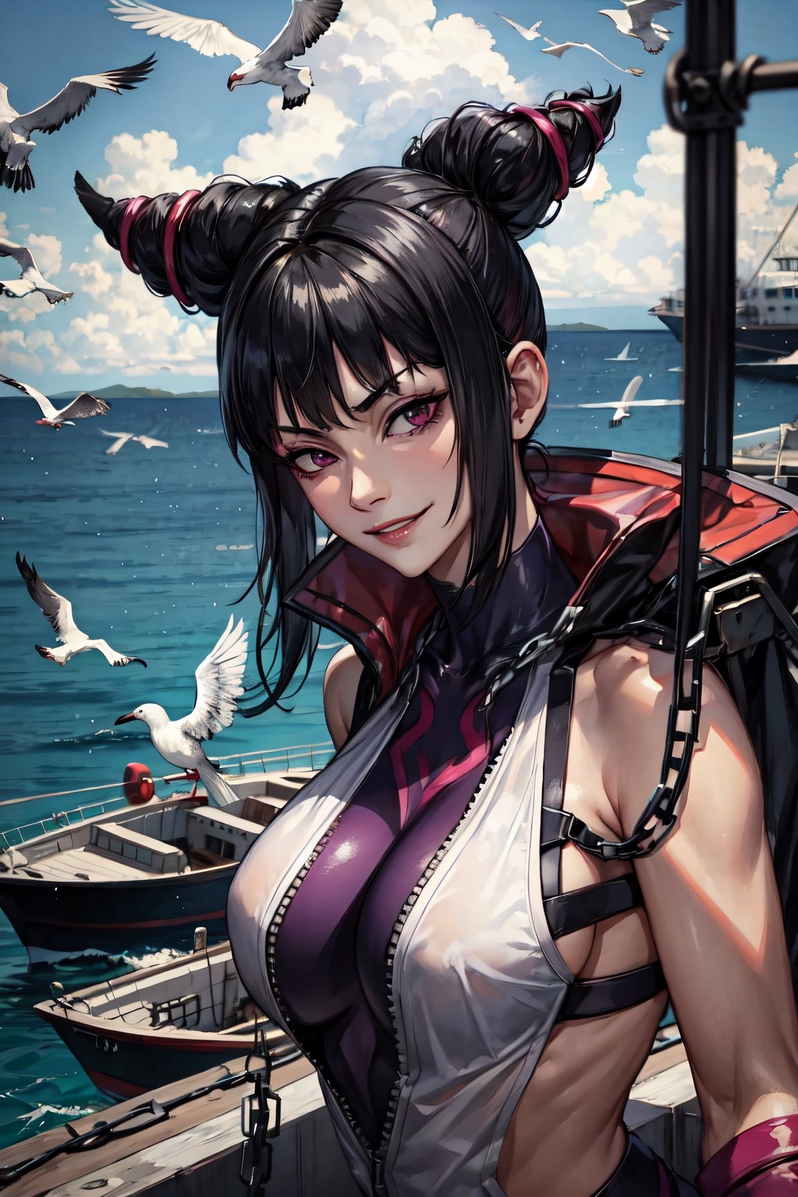 Han Juri, facial portrait, sexy stare, smirked, near sea port, chains, boats, crowds, cloudy sky, seagulls, 