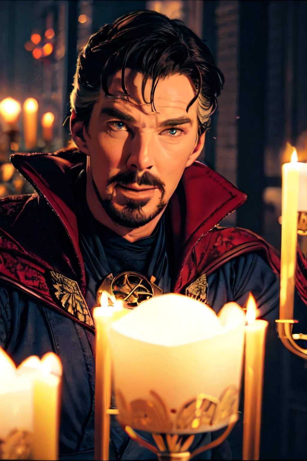 stephen_strange, facial portrait, sexy stare, smirked, inside temple, candlelights, casting a spell, demons flying around 