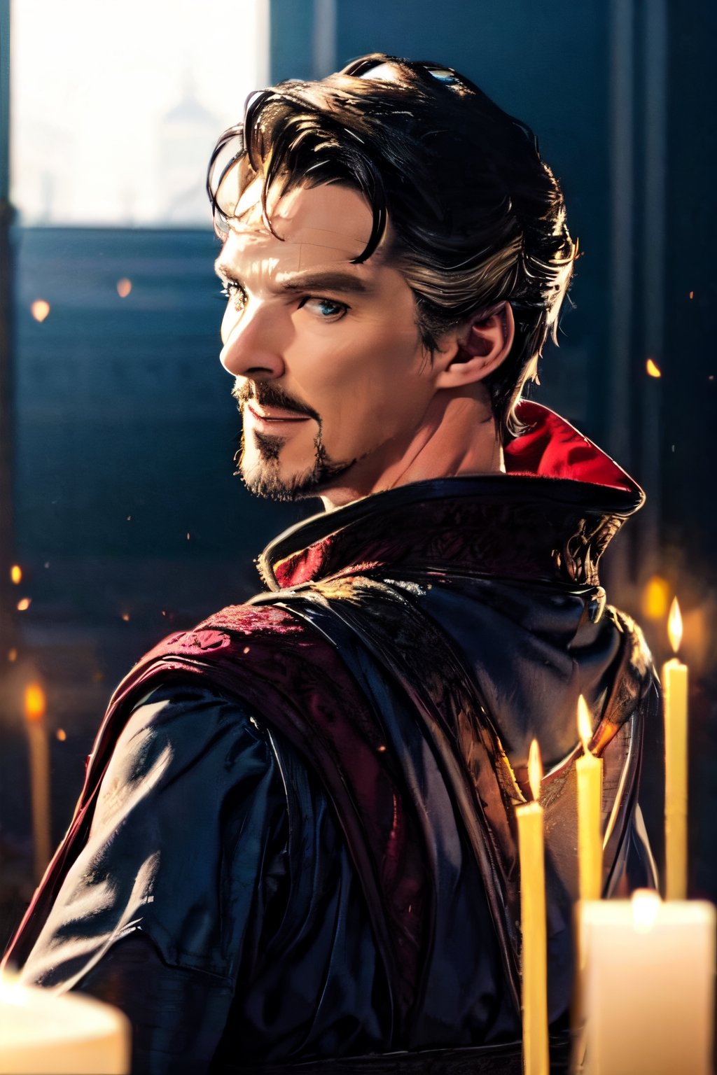 stephen_strange, facial portrait, sexy stare, smirked, inside temple, candlelights, monks, from behind 