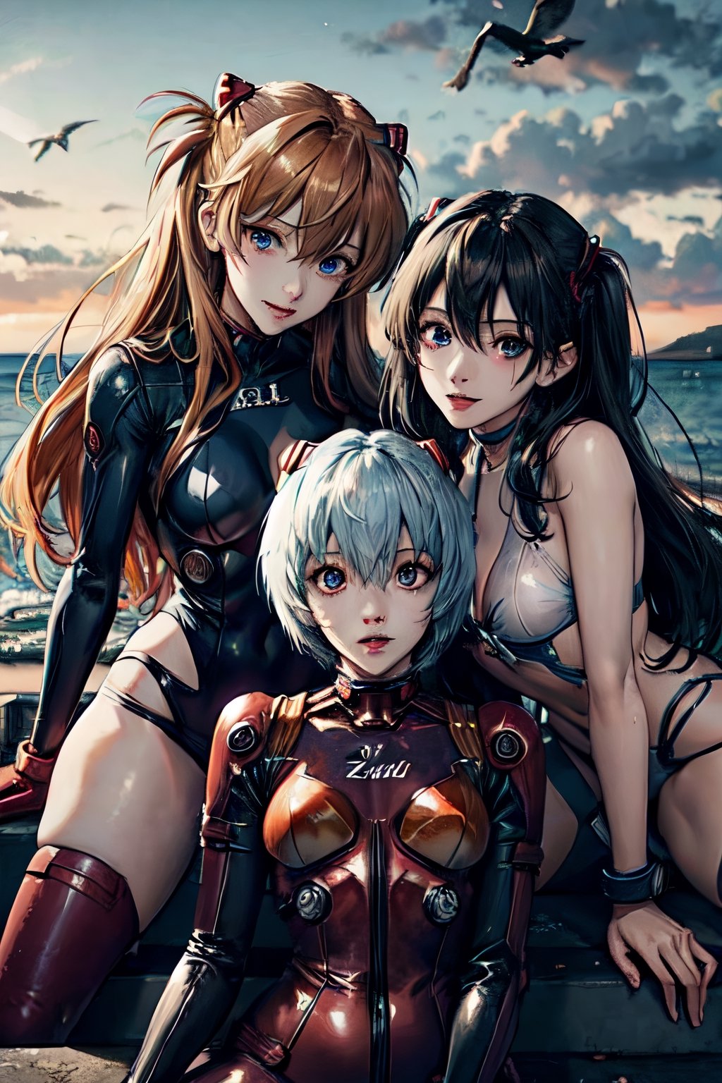 Asuka Langley, Rei Ayanami, Mari Makinami, together, next to each other, facial portraits, staring sexy at the camera, sexy pose, on top of robot, near shoreline, birds flying, cloudy sky,  ,Detailedface