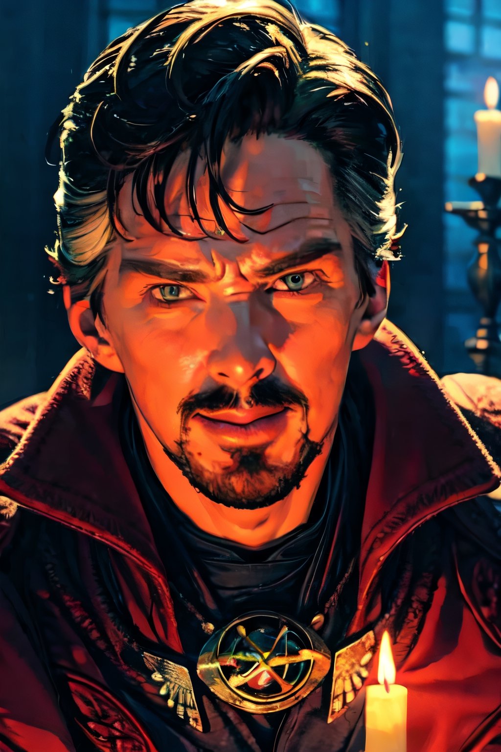 stephen_strange, facial portrait, sexy stare, smirked, inside temple, candlelights, casting a spell, demons flying around 