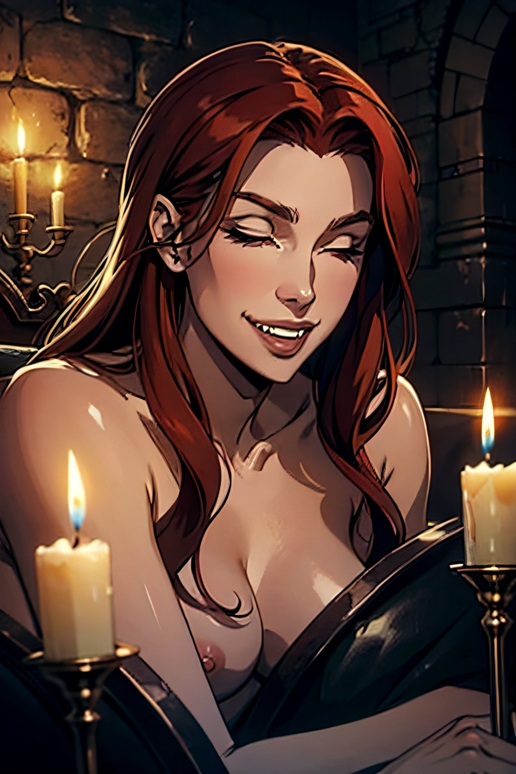 castlevania style, Eleanor, red hair, naked, facial portrait, sexy stare, inside castle, candlelights, fangs, eyes closed, smiling, laying on the sofa 