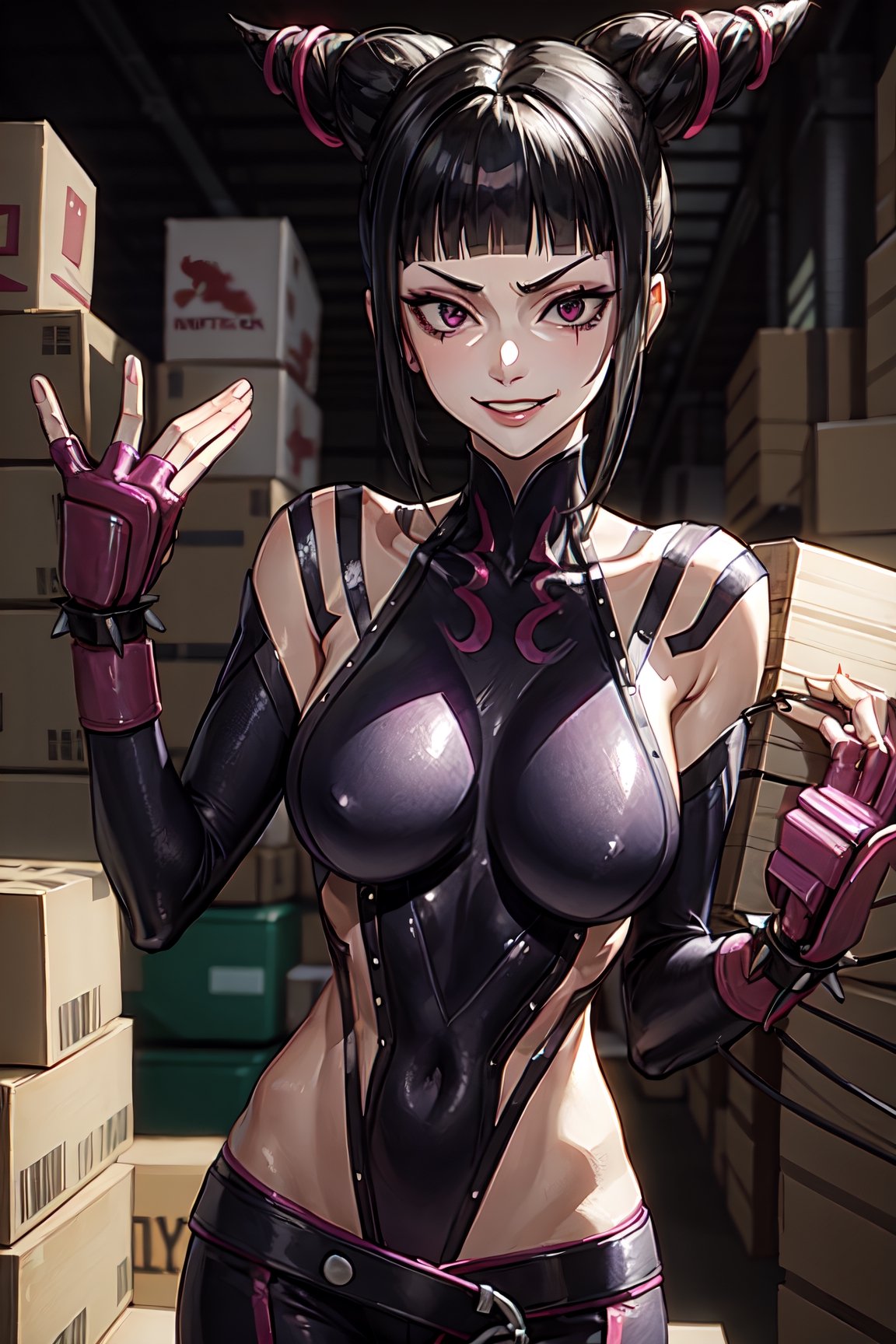 Han Juri, facial portrait, sexy stare, smirked, inside warehouse, boxes, chains, crowds, 