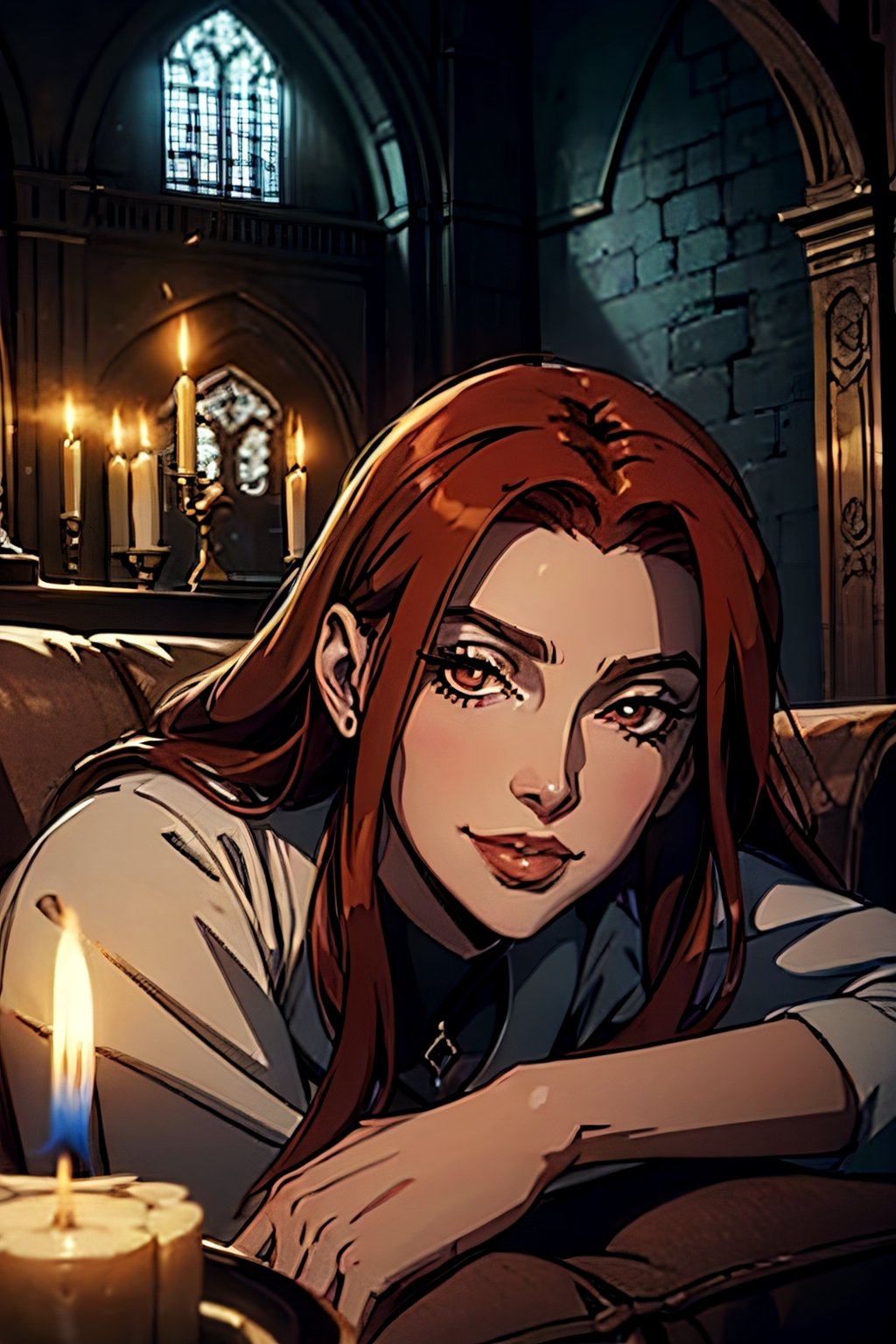 castlevania style, Eleanor, red hair, facial portrait, sexy stare, inside castle, candlelights, laying on the sofa, smirked 