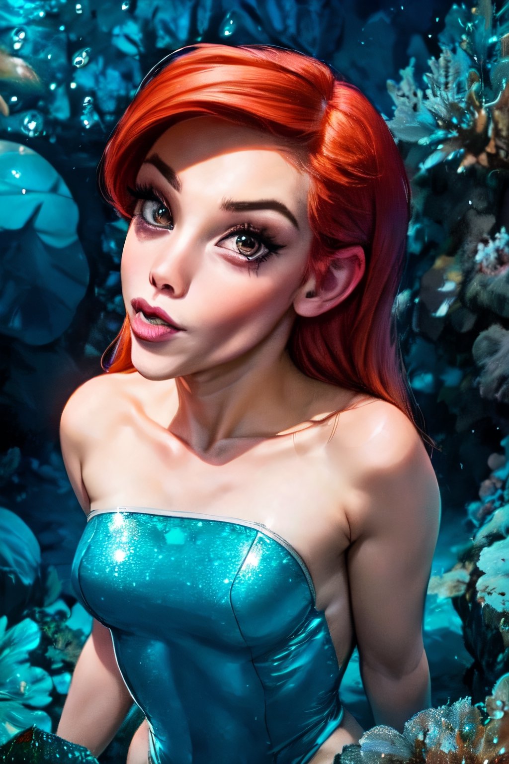ariel, naked, facial portrait, sexy stare, anal portrait, man's big cock, under the sea, crabs, fishes, sharks, ,blowjob