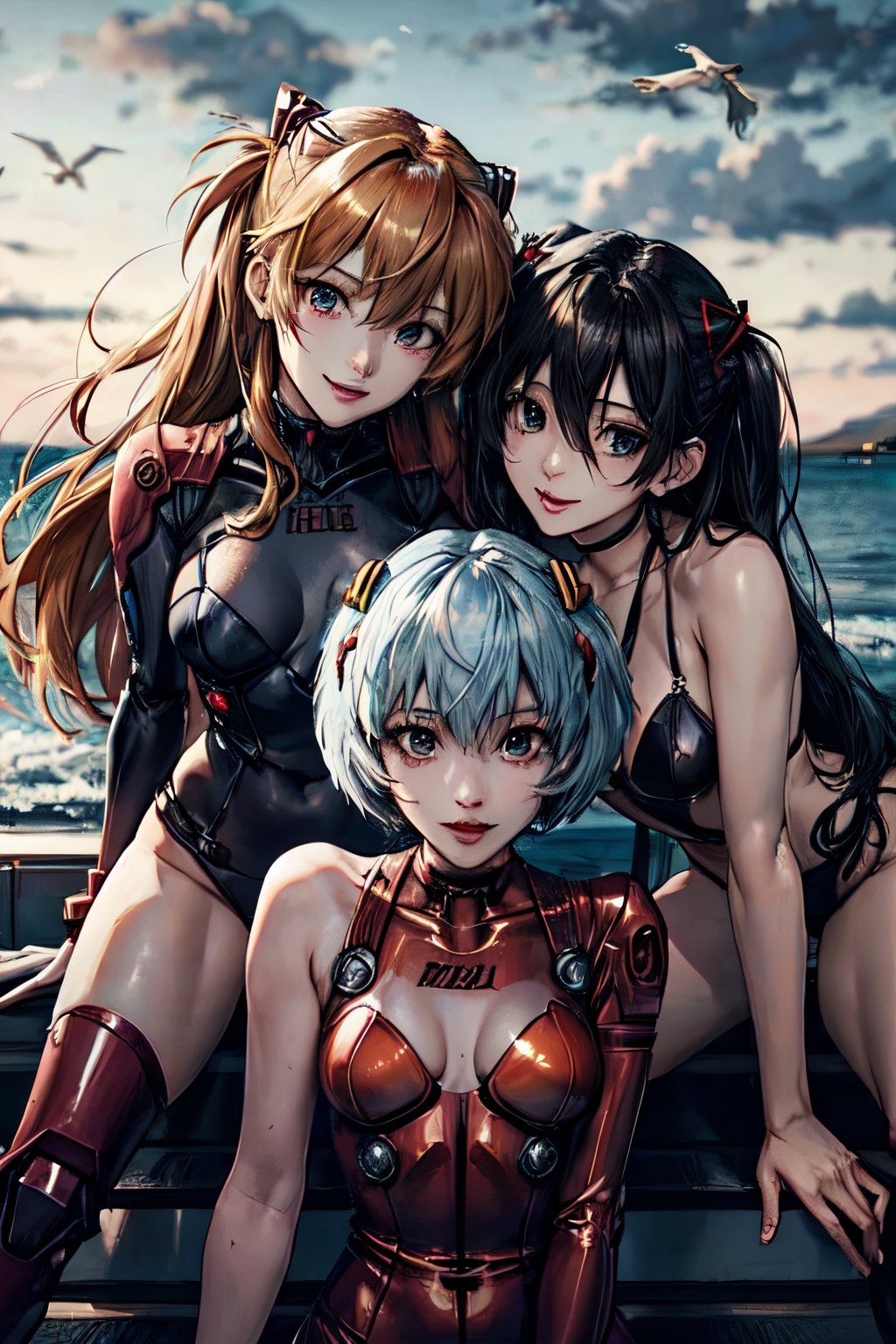 Asuka Langley, Rei Ayanami, Mari Makinami, together, next to each other, facial portraits, staring sexy at the camera, sexy pose, on top of robot, near shoreline, birds flying, cloudy sky,  ,Detailedface,  smiling 