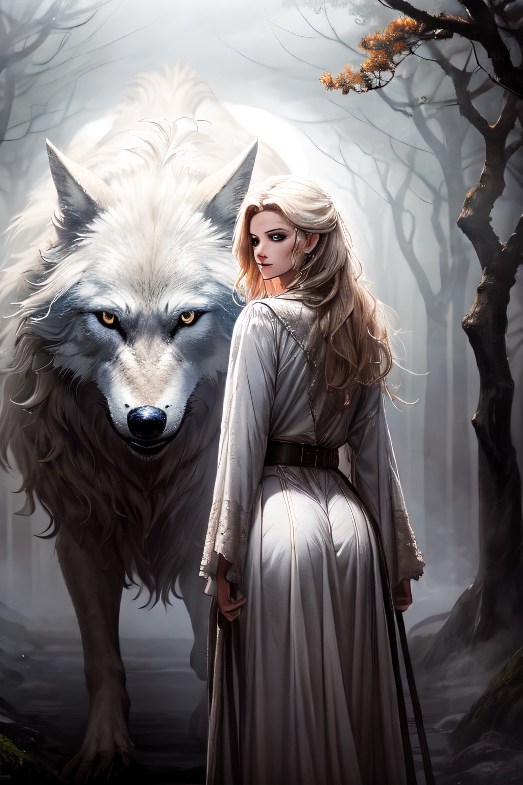Wolf and girl, Standing next to each other, forest, cloudy sky, mist, butt shot 