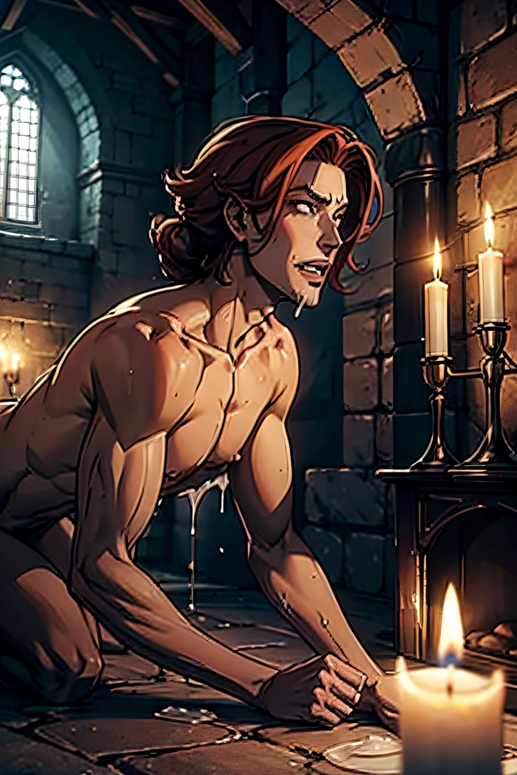 castlevania style, Eleanor, red hair, naked, facial portrait, sexy stare, man's big cock, side view, all fours, inside castle, candlelights, fangs, covered in cum 