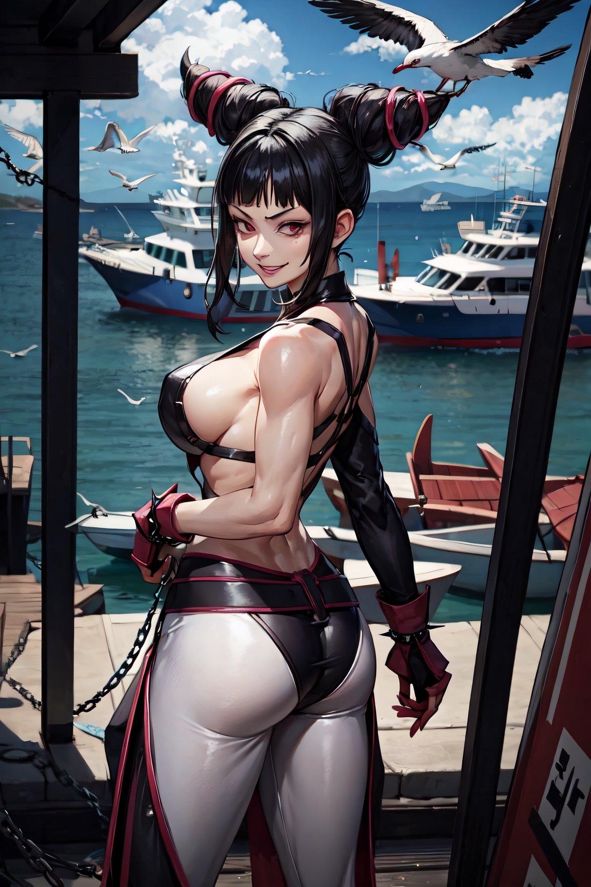 Han Juri, facial portrait, sexy stare, smirked, near sea port, chains, boats, crowds, cloudy sky, seagulls, butt shot 